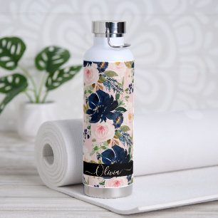 PixDezines Watercolor Flowers Blush Navy Water Bottle