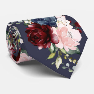 PixDezines Watercolor Flowers Burgundy Blush Navy Neck Tie