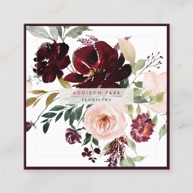 PixDezines Watercolor Flowers, Burgundy+Blush Square Business Card (Front)