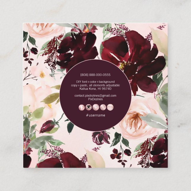 PixDezines Watercolor Flowers, Burgundy+Blush Square Business Card (Back)