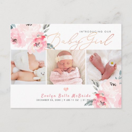 PixDezines Watercolor flowers Girl Birth Postcard
