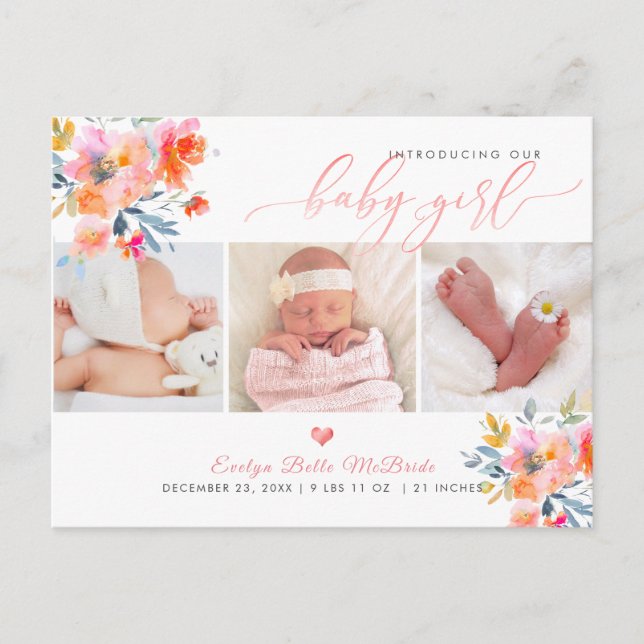 PixDezines Watercolor flowers, Girl Birth Postcard (Front)