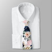 PixDezines Watercolor Flowers Navy Blue Pink Neck Tie | Zazzle