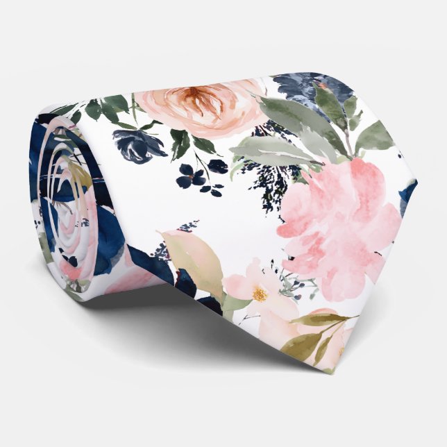 PixDezines Watercolor Flowers Navy Blue Pink Neck Tie (Rolled)