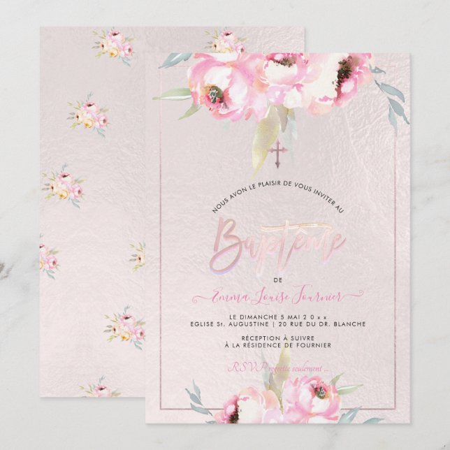 PixDezines Watercolor Flowers Peonies Baptême Invitation (Front/Back)