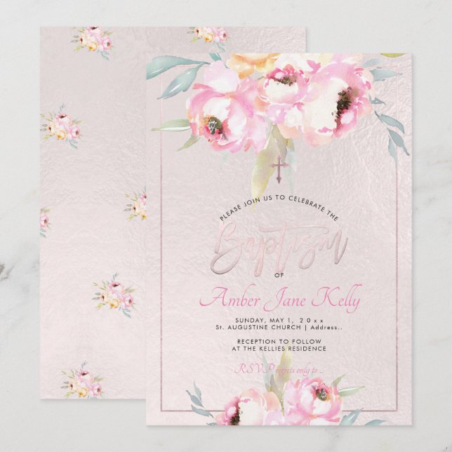 PixDezines Watercolor Flowers Peonies Baptism Invitation (Front/Back)