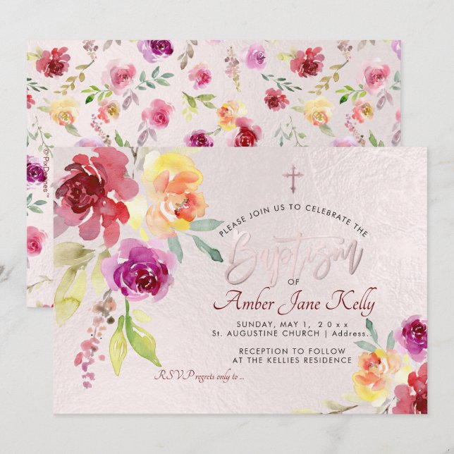 PixDezines Watercolor Flowers Roses Baptism Invitation (Front/Back)