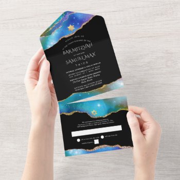 Pixdezines Watercolor Galaxy Agate Bar Mitzvah All All In One Invitation by custom_mitzvah at Zazzle