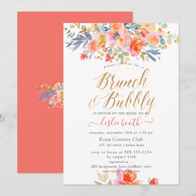 PixDezines Watercolor, Garden Roses Brunch Bubbly Invitation (Front/Back)
