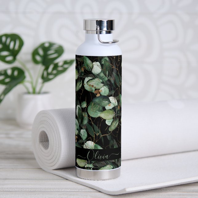 PixDezines Watercolor Green Gold Eucalyptus Water Bottle (Yoga)