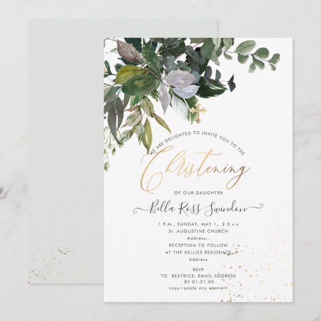 PixDezines Watercolor Greenery Christening Invitation (Front/Back)