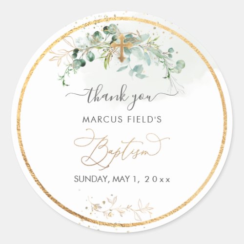 PixDezines Watercolor Greenery  Eucalyptus Baptism Classic Round Sticker