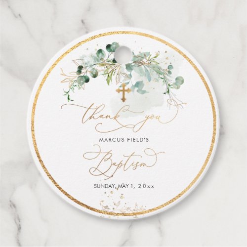 PixDezines Watercolor Greenery  Eucalyptus Baptism Favor Tags