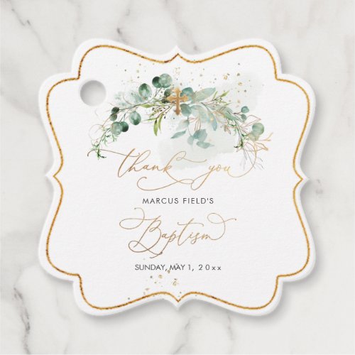 PixDezines Watercolor Greenery  Eucalyptus Baptism Favor Tags