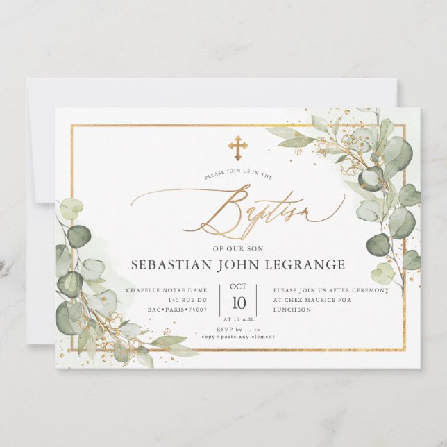 PixDezines Watercolor Gum Eucalyptus Baptism Invit Invitation (Front)