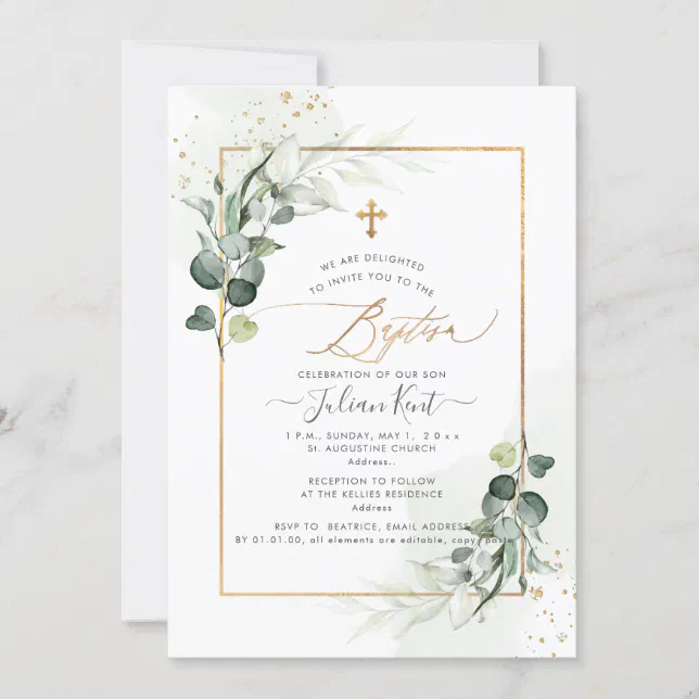 PixDezines Watercolor Gum Eucalyptus Baptism Invitation | Zazzle