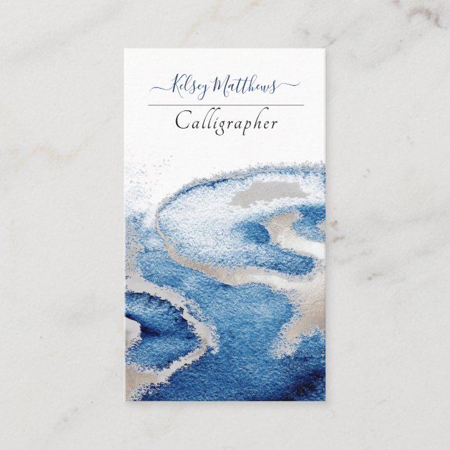 PixDezines Watercolor Modern Waves, Blue+Silv Business Card (Front)
