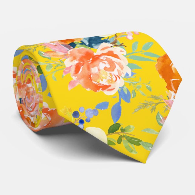 PixDezines Watercolor Orange Peonies n Pansie Neck Tie (Rolled)