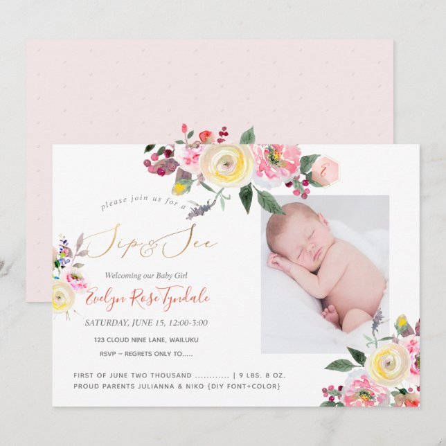 PixDezines Watercolor Pastel Yellow Roses Sip+See Invitation (Front/Back)