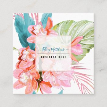 Pixdezines Watercolor Peach Cymbidium Orchid Square Business Card by Create_Business_Card at Zazzle