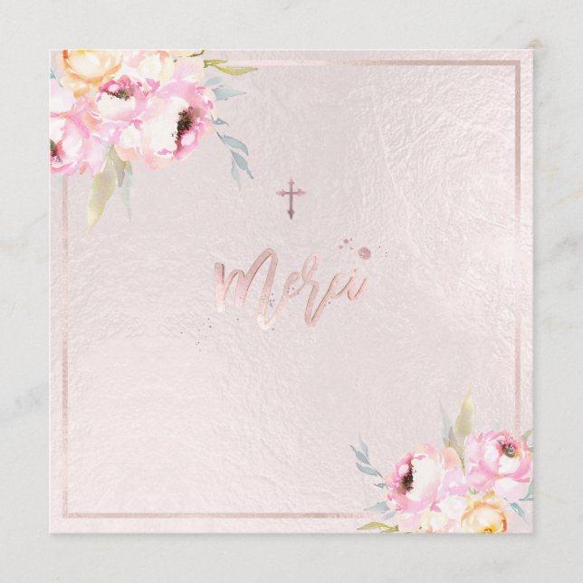 PixDezines Watercolor Peonies Baptême Merci Menu (Front)