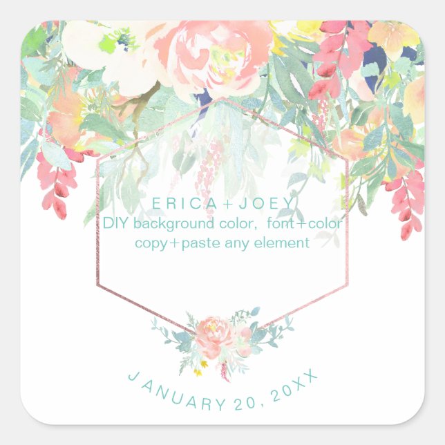 PixDezines Watercolor Peonies Peach+Mint Square Sticker (Front)