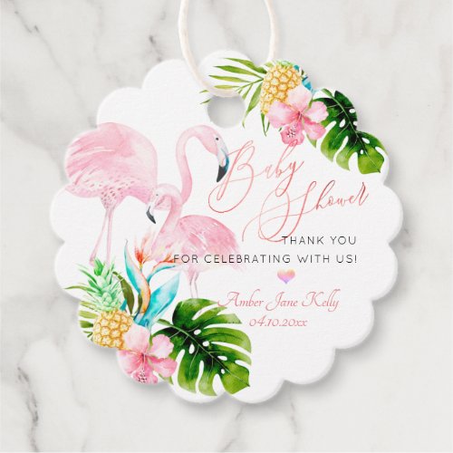 PixDezines Watercolor Pink Flamingos Baby Shower Favor Tags