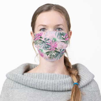 Pixdezines Watercolor Pink Green Monstera Pattern Adult Cloth Face Mask by PixDezines at Zazzle
