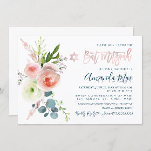 PixDezines Watercolor Pink Peonies Bat Mitzvah Invitation