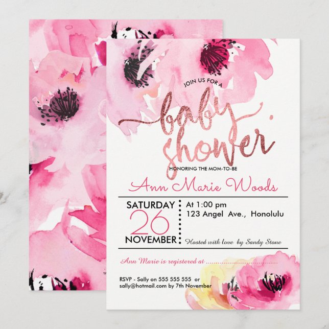 PixDezines Watercolor Pink Roses Baby Shower Invitation (Front/Back)