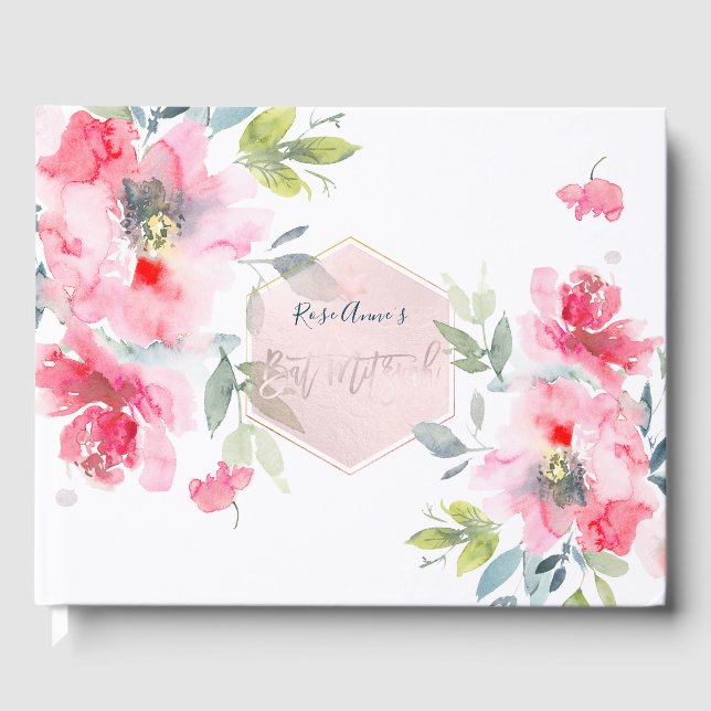 PixDezines Watercolor Red Ombre Rose Bat Mitzvah Guest Book (Front)