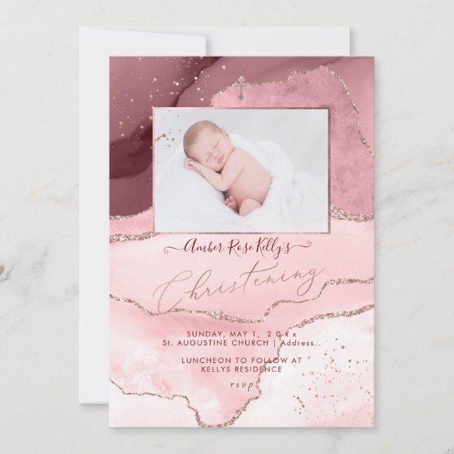 PixDezines Watercolor Rose Gold Agate Christening Invitation (Front)