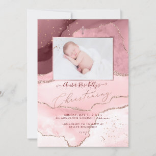 PixDezines Watercolor Rose Gold Agate Christening Invitation