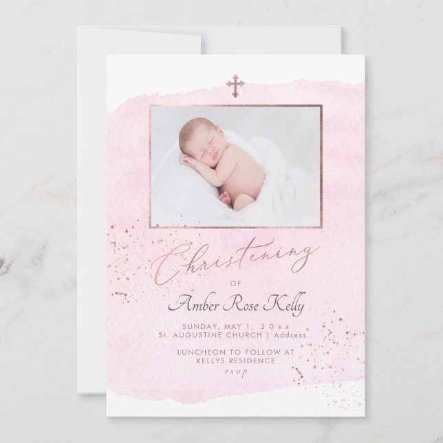 PixDezines Watercolor Rose Gold Christening Invitation (Front)