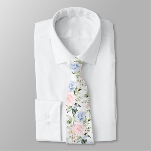 PixDezines Watercolor Roses Blush Blue Neck Tie