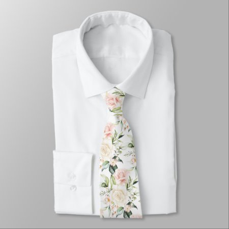 Pixdezines Watercolor Roses Blush Cream  Neck Tie