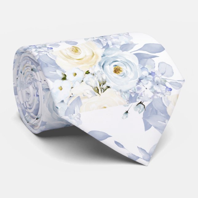 PixDezines Watercolor Roses Ice Blue Cream Neck Tie (Rolled)