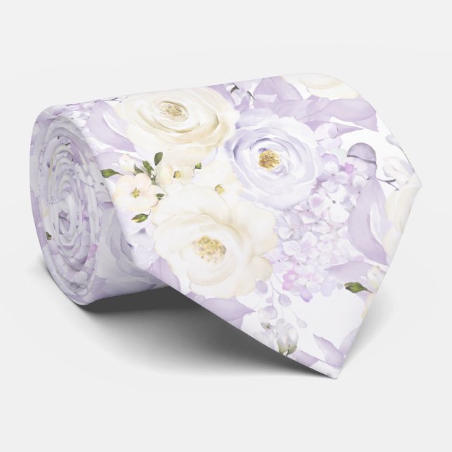 PixDezines Watercolor Roses Lilac Purple n Cream Neck Tie (Rolled)