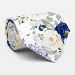 PixDezines Watercolor Roses Navy Blue Cream Neck Tie