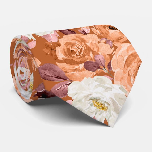 PixDezines Watercolor Rust Orange Roses Fall Neck Tie (Rolled)