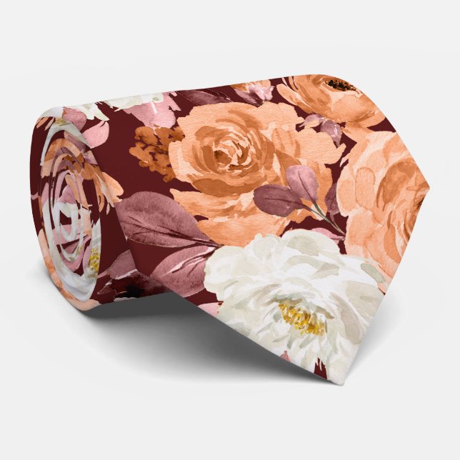PixDezines Watercolor Rust Orange Roses Fall Neck Tie (Rolled)