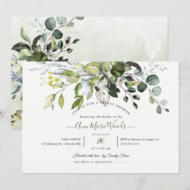 PixDezines Watercolor Rustic Eucalyptus Bridal Invitation (Front/Back)
