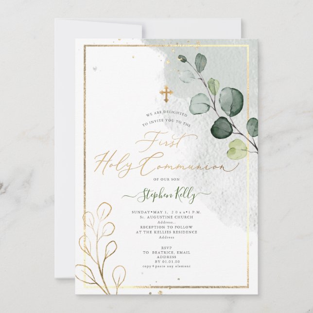 PixDezines Watercolor Rustic Eucalyptus Communion Invitation (Front)