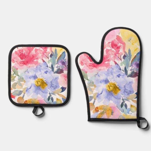 PixDezines Watercolor Summer Garden Roses  Oven Mitt  Pot Holder Set