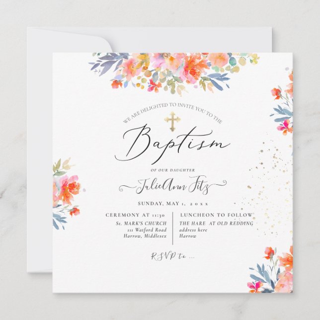 PixDezines Watercolor Summer Roses Baptism Invitation (Front)