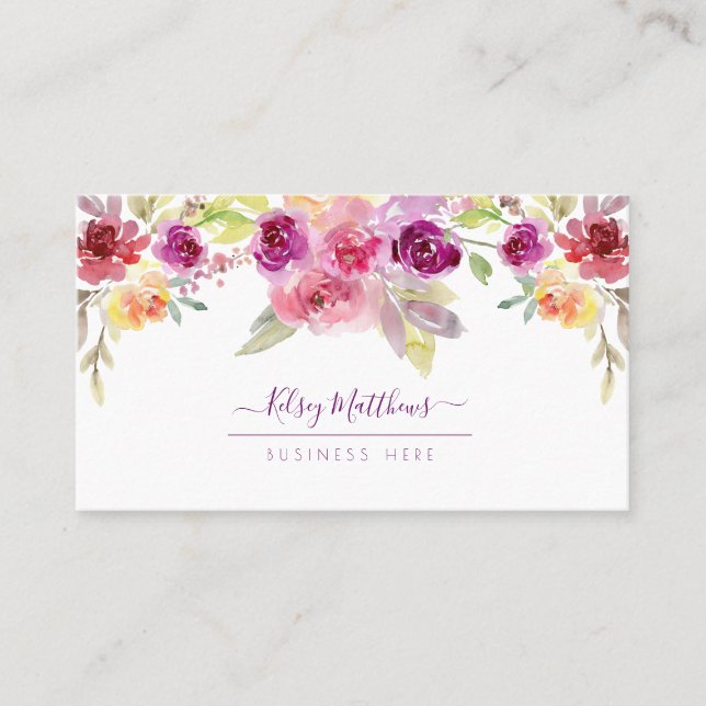 PixDezines Watercolor Summer Roses Business Card (Front)