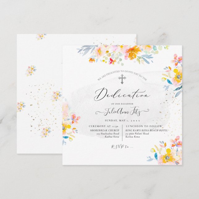 PixDezines Watercolor Summer Roses Dedication Invitation (Front/Back)