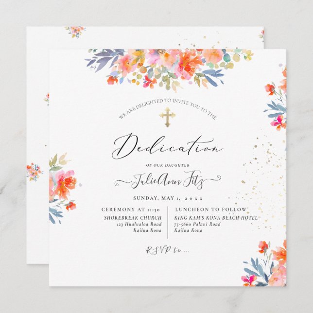 PixDezines Watercolor Summer Roses Dedication Invitation (Front/Back)