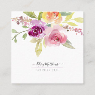 PixDezines Watercolor Summer Roses, Plum Square Business Card