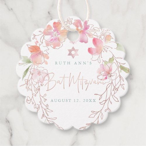 PixDezines Watercolor Sweet Pea Wreath Mitzvah Favor Tags